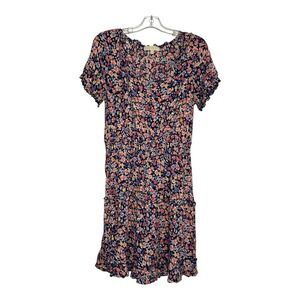 Madden Girl Pink Floral Print Dress Smocked Tiered Short Sleeve Boho Sundress XL